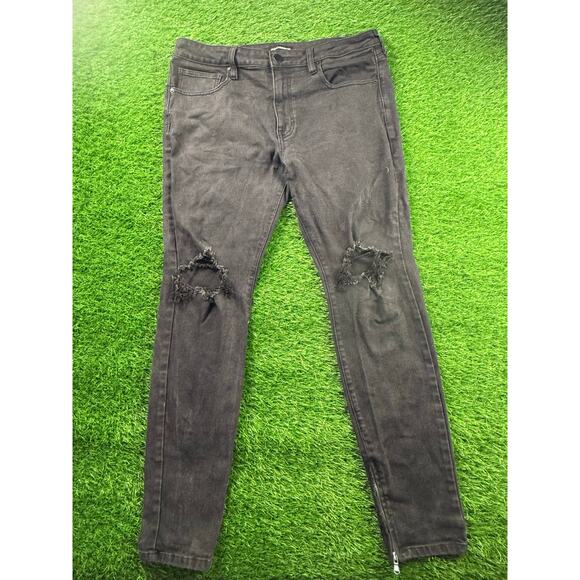Fashion Nova Men Black Distressed Skinny Jeans Sz 36 Ripped Knee Zip Ankle - Picture 1 of 9